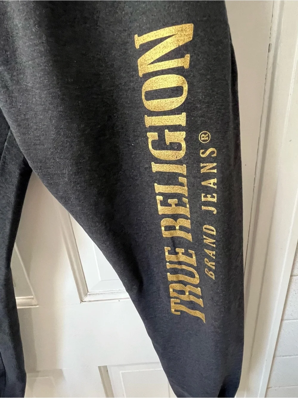 True Religion Men’s Black Loungewear Jogger Pants with Gold Vertical Logo. Small
